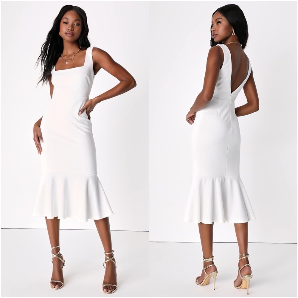LULU’S Moment Maker White Square Neck Trumpet Midi Dress
